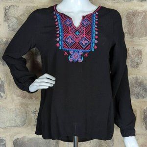 Everly Blouse Woman's Size Small Black Embroidered Bohemian Long Sleeve Flowy